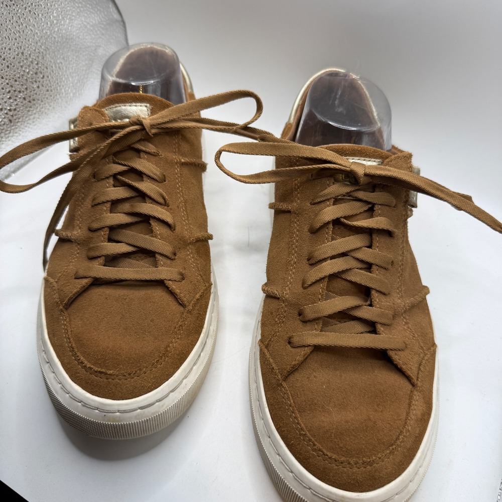 UGG Sammy Chevron Chestnut Brown Suede Sneakers Gold Trim 1153270 Womens 10